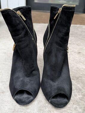 Salvatore Ferragamo Black Suede Peep-Toe Ankle Boots with Gold Zipper